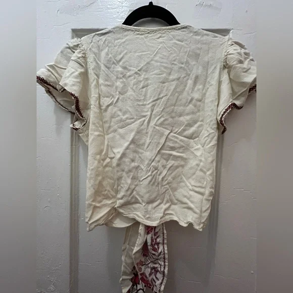 Max Studio Cream and Red Printed Design Tie-Front Blouse - Picture 6 of 6